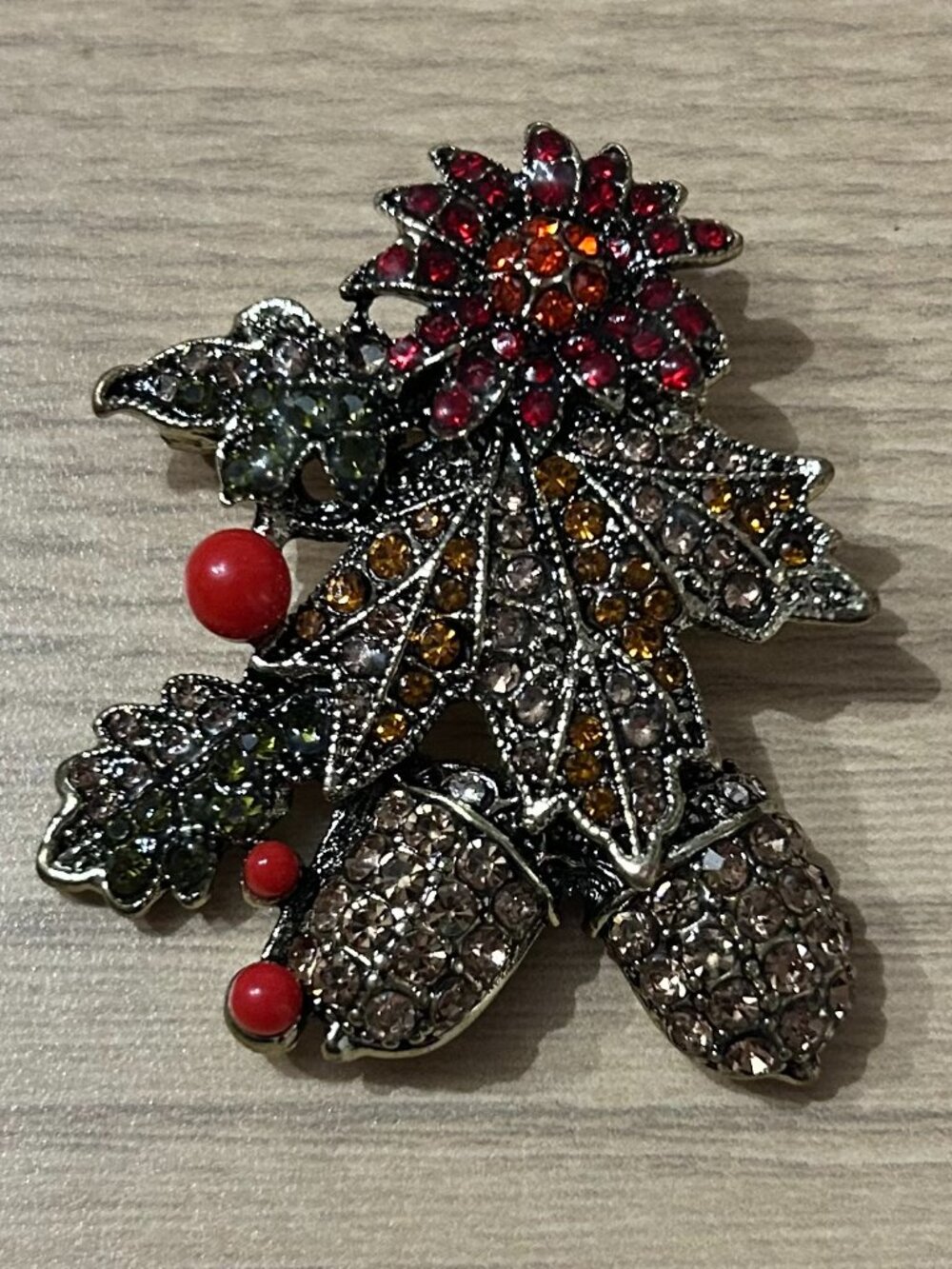 Vintage Autumn Harvest Rhinestone Brooch Pin Maple Leaf Acorns Flowers
